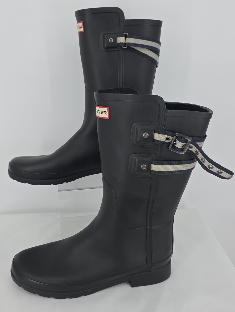 Hunter Womens 9 Black Rain Boots Striped Buckle Waterproof Rubber Wellies - Picture 4 of 11